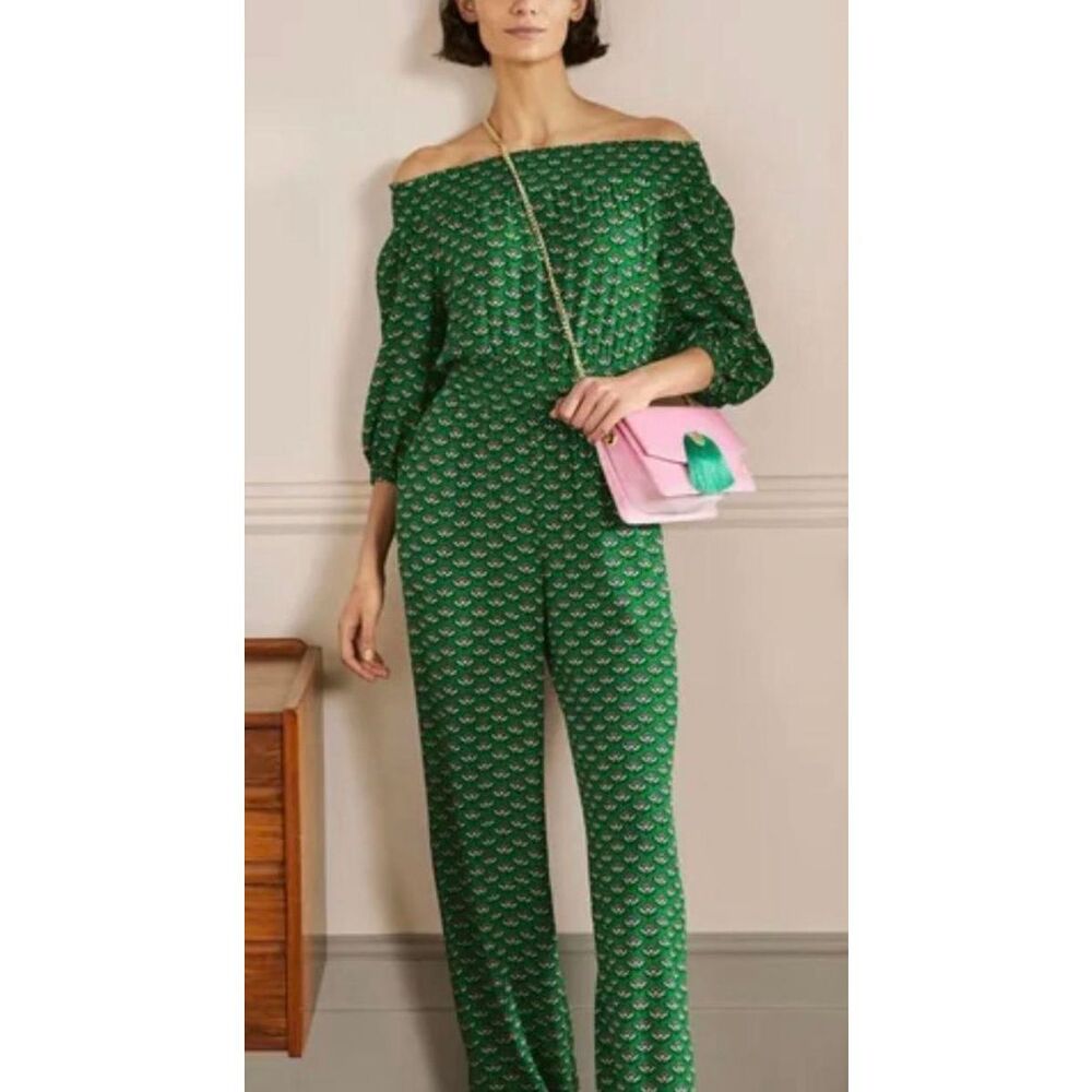 Boden green printed smocked neck off shoulder jumpsuit 4
